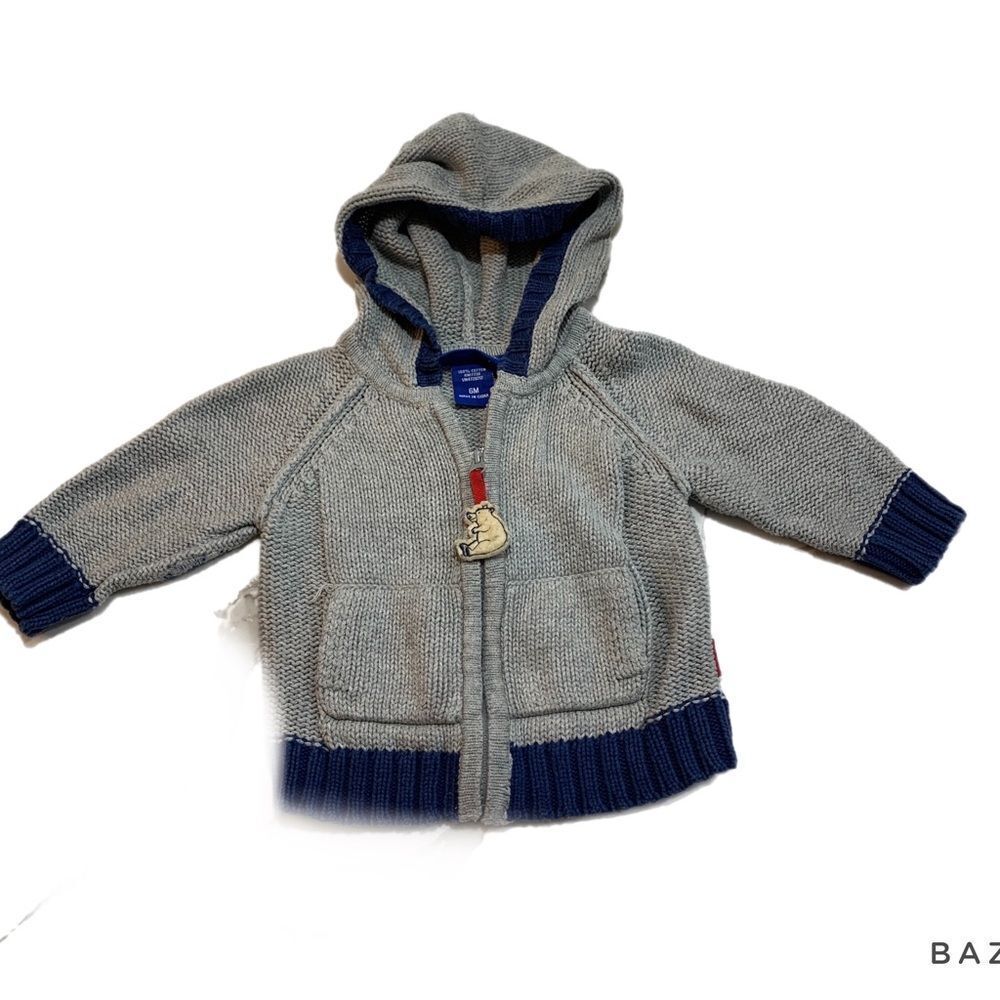 GENUINE Baby OshKosh Boys Grey Blue Full Zip Hooded Knit Cardigan Sweater 6M